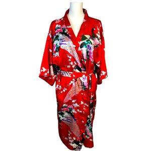 Aibrou Short Peacock Red Kimono Robe Satin With Belt Closure- XL NWT